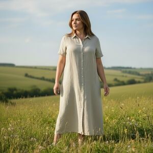 Charter Club 100% Linen Dress Size 22W Beige Tan Button Short Sleeve Maxi Spring